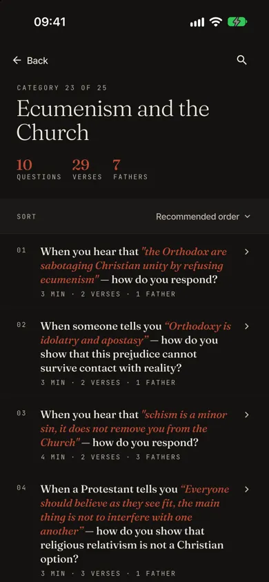 A category with the list of its questions, Orthodox theme