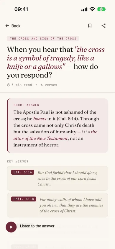 An answer screen from the app, with the short answer and Bible verses
