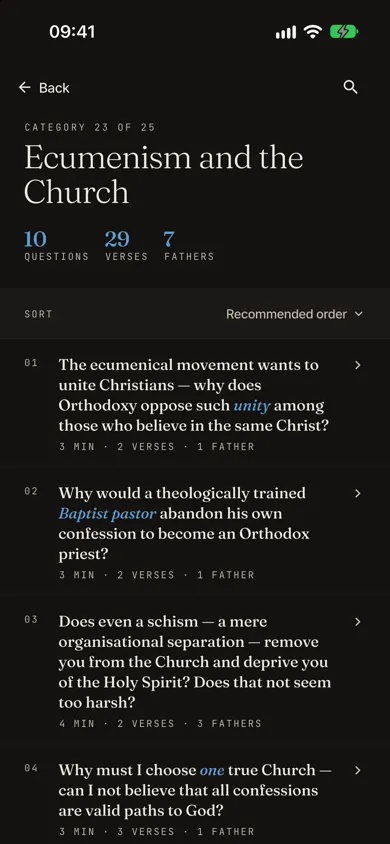 A category with the list of its questions, Protestant theme