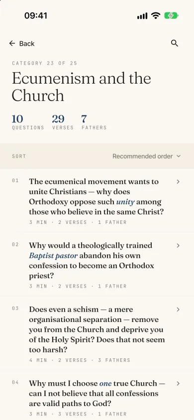 A category with the list of its questions, Protestant theme