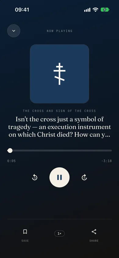 The audio player while an answer is playing, Protestant theme