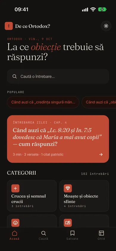 Ecranul de pornire cu întrebarea zilei și categoriile, tema ortodoxă