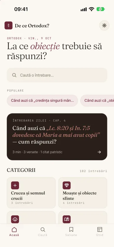 Ecranul de pornire cu întrebarea zilei și categoriile, tema ortodoxă
