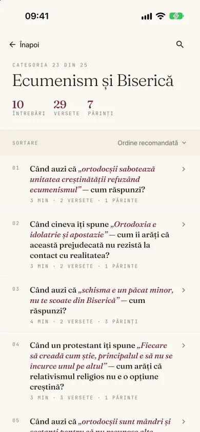 O categorie cu lista întrebărilor ei, tema ortodoxă
