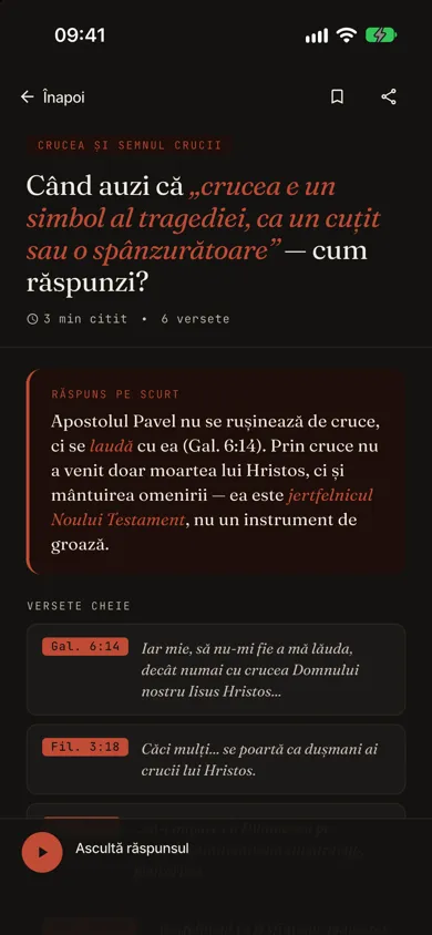 Ecranul unui răspuns din aplicație, cu răspunsul scurt și versetele biblice