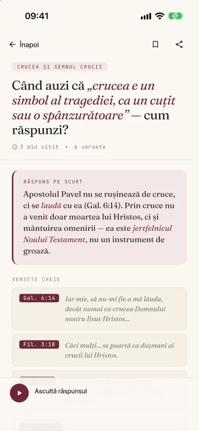 Ecranul unui răspuns din aplicație, cu răspunsul scurt și versetele biblice