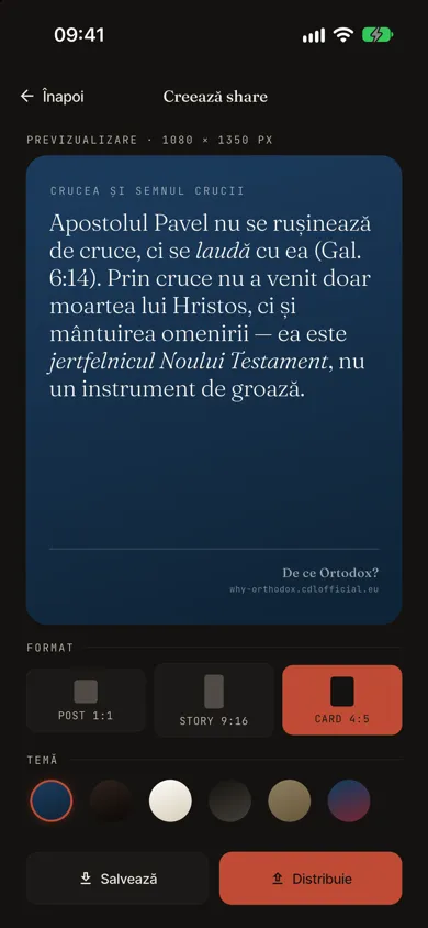 Cardul de distribuit generat pentru un răspuns, tema ortodoxă