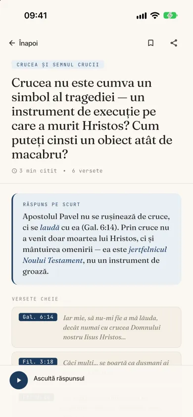Ecranul unui răspuns din aplicație, cu răspunsul scurt și versetele biblice